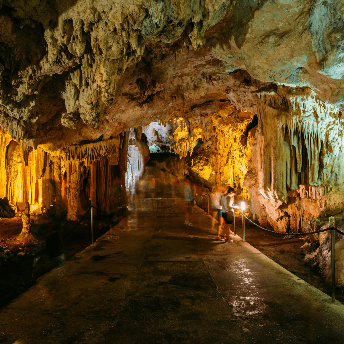 ネルハ洞窟（Cueva de Nerja）の巨大な鍾乳石の柱と洞窟内部の様子