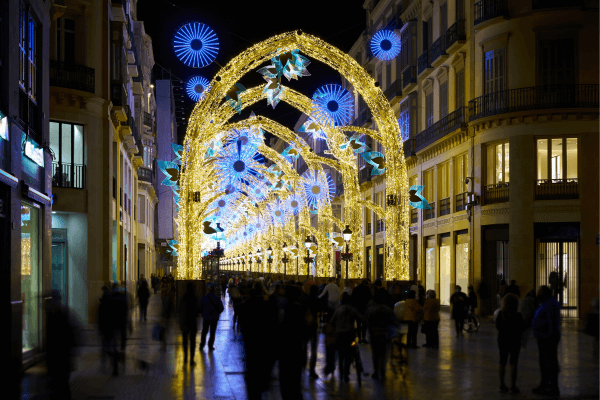 Festive lights on Calle Larios in Malaga during New Year's Eve
